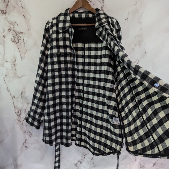 TALBOTS Shirt Jacket Womens 2X Wool Black White Plaid Button Up Sash Buffalo - Picture 9 of 12